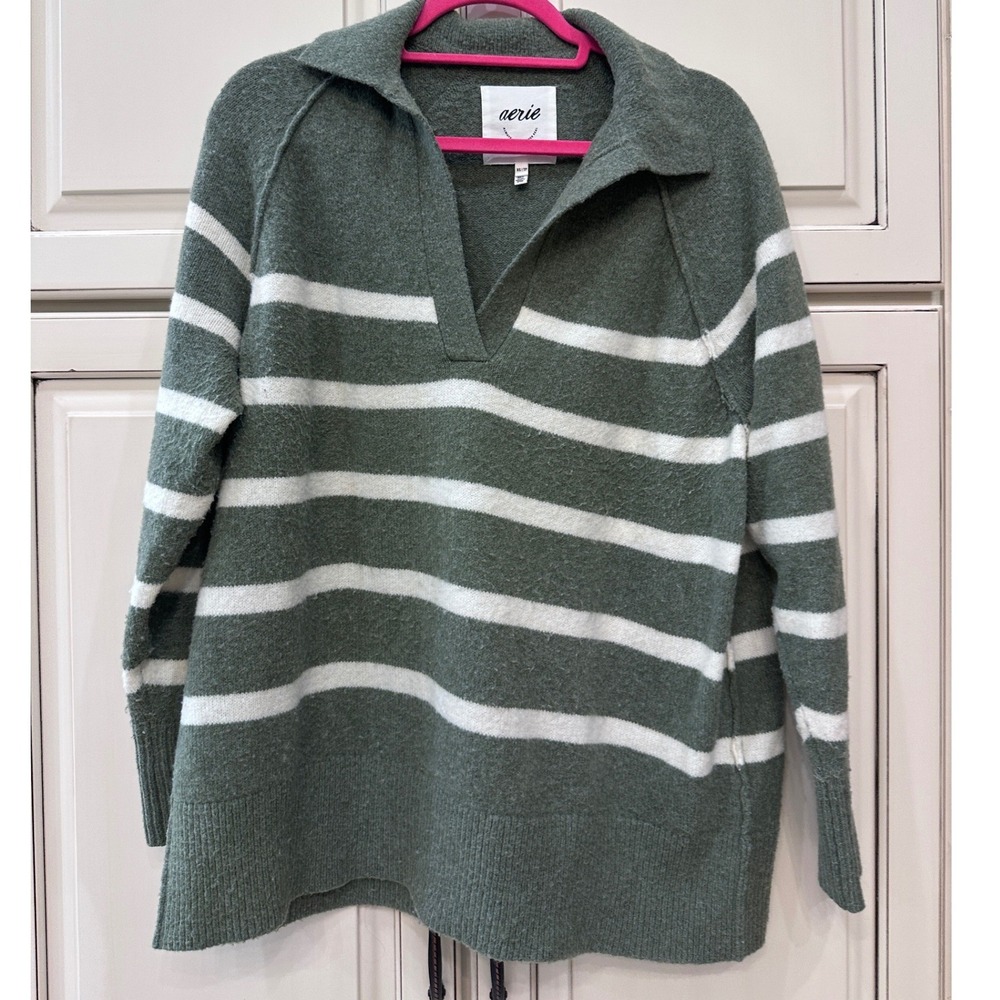 Aerie Women Green White Striped Oversized Polo Sweater XS Raglan V-Neck Knit